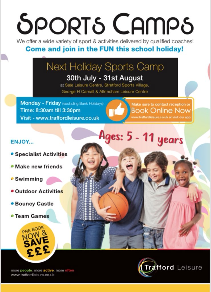 Still time to book a place on <a href="/AltrinchamLC/">Altrincham Leisure</a> summer holiday camp. A fun packed summer of activities for 5-11 year olds. Book now to avoid disappointment. <a href="/Traffordleisure/">Trafford Leisure</a>