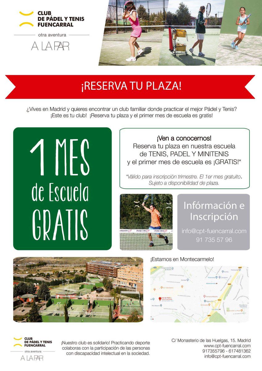 CPTFuencarral's tweet photo. ¿Buscas un club donde practicar tenis y pádel, con el mejor ambiente, los mejores profesores, al aire libre y además solidario? ¡¡Ven y apúntate a nuestra escuela y obtendrás el primer mes gratis!!
#pádel #tenis #clases #escuela #primermesgratis #deportealairelibre https://t.co/b4uQOXXjwF