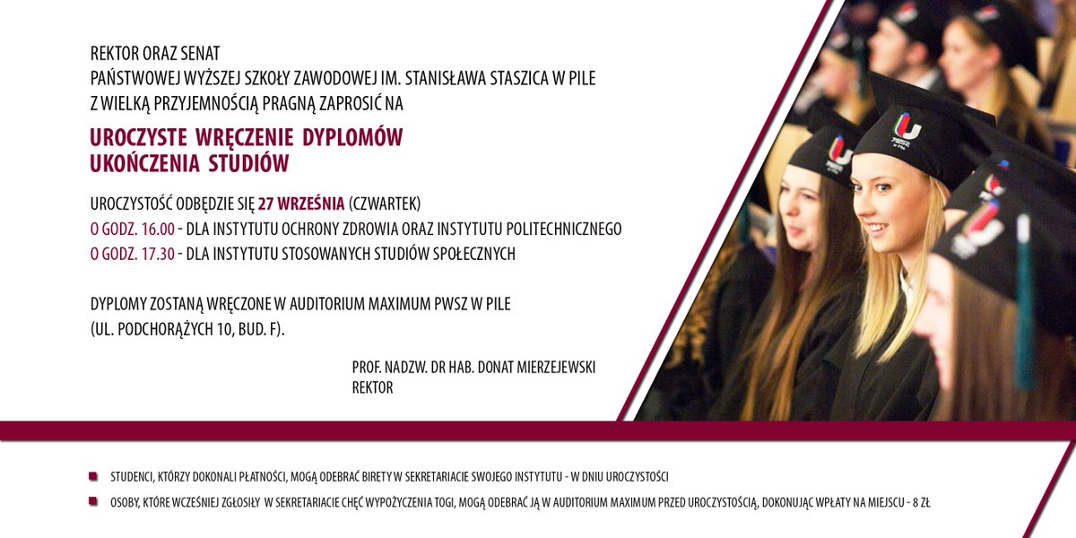 PUSS_Pila's tweet photo. Absolwenci - my już przygotowujemy się do wręczenia Wam dyplomów ukończenia studiów w PWSZ w Pile 😊 
Birety poszybują w górę 27 września. Do zobaczenia! https://t.co/tYGyyU8f4r