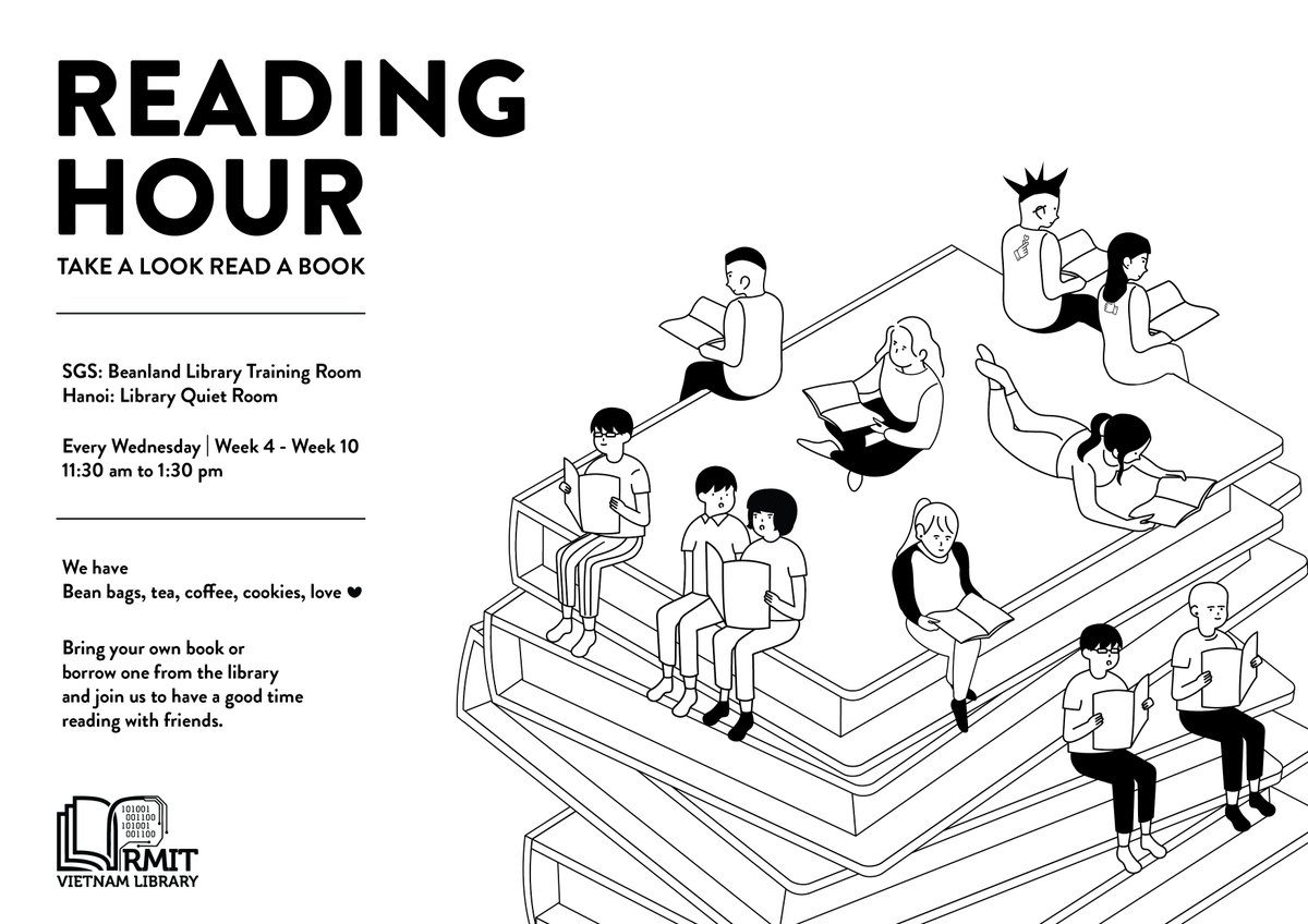 rmitvnlibrary's tweet photo. The Reading Hour starts today in @RMITVNLib. Come and join us!!!
#readinghour https://t.co/XF7iAU8X6H