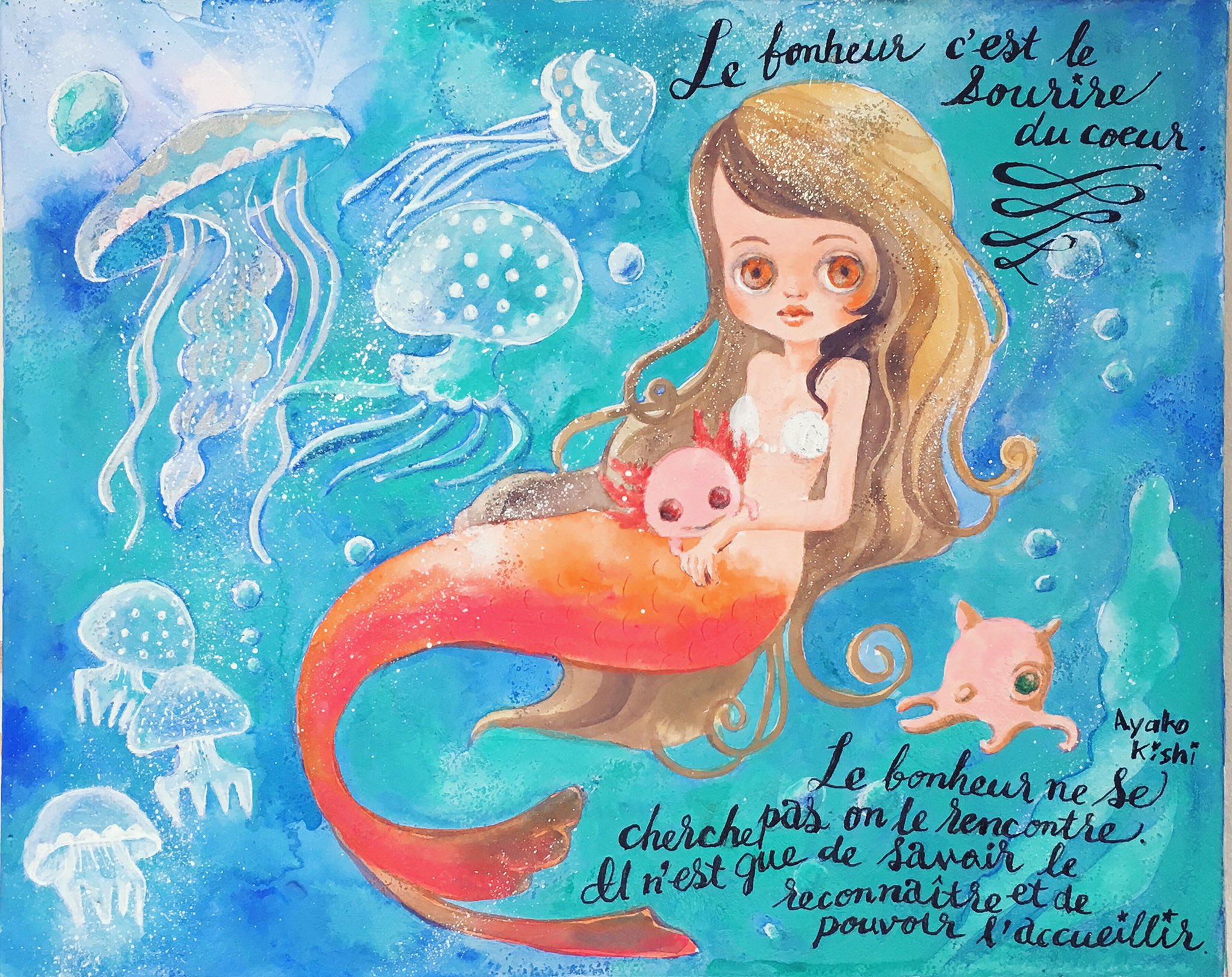 توییتر きしあやこ コマ撮りアニメ監督 立体造形 アートトイ制作 در توییتر 人魚の絵 完成 髪の毛にラメが入って光るよ クラゲにも 少しprimaのワックス塗りました 海 マーメイド アクリル 人魚 カリグラフィー 海イラスト クラゲ Mixedmedia