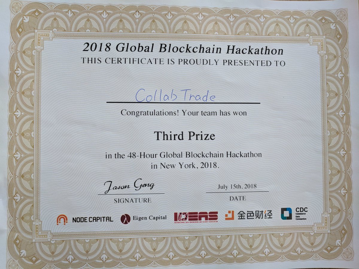 Accomplished 3rd place in the global blockchain hackathon! 

#collabtrade #blockchain #blockchaintechnology #Hackathon #solidity #ReactNative