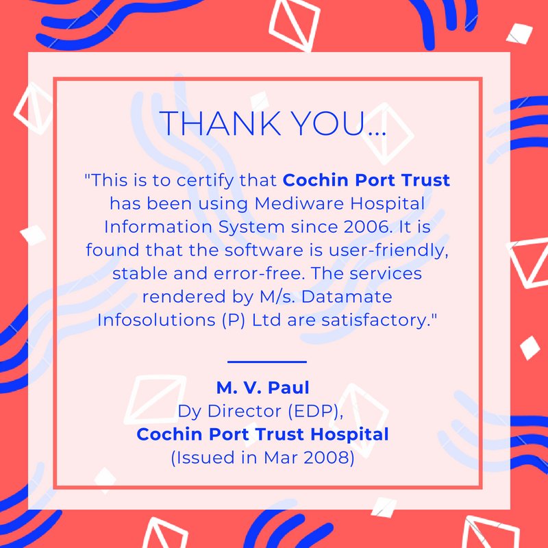 Datamate1993's tweet photo. Digging the archive is fun especially when you spot such old memories. Thank you, Cochin Port Trust Hospital for these kind words.#ClientTestimonial #HappyCustomers #Mediware #Hospitals #Medical #Healthcare #HospitalManagement #HospitalSoftware #CochinPortTrust #Kochi https://t.co/GjY7yYyV8a