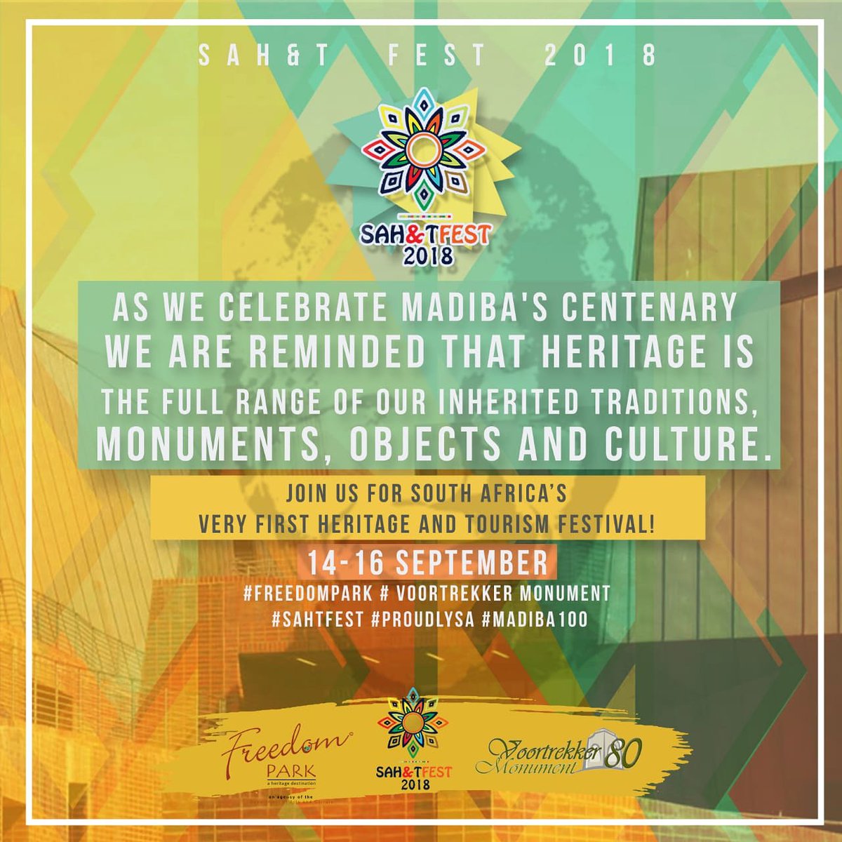 SahTfest's tweet image. Happy 100 years Madiba.

 check out festival details at:
sahtfest
 @Voortrekkermon 
@Freedom_Park

#sahtfest2018 
#MandelaDay2018 #Mandela100  #MandelaCentenary