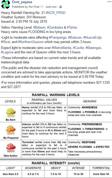 dost_pagasa's tweet photo. Heavy Rainfall Warning No. 21 #NCR_PRSD
Weather System: SW Monsoon
Issued at: 2:00 PM 18 July 2018 https://t.co/SyYncPFvxs