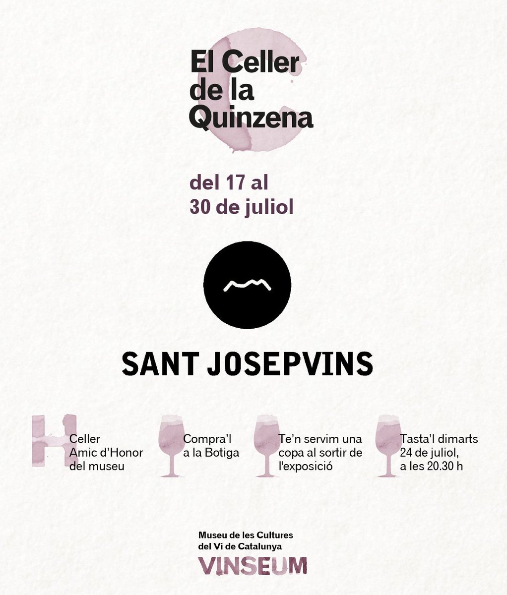 vinseum's tweet photo. Fins el 30/07 el nostre #cellerdelaquinzena és @santjosepwines. Tots els visitants del museu tastaran 1 copa de #clotd'encis blanc en acabar la visita.
I per conèixer més a fons els vins d'aquesta cooperativa de la Terra Alta apunteu-vos al seu tast de dm 24/07 a @TavernaVinseum https://t.co/Rk80Kw4W2t