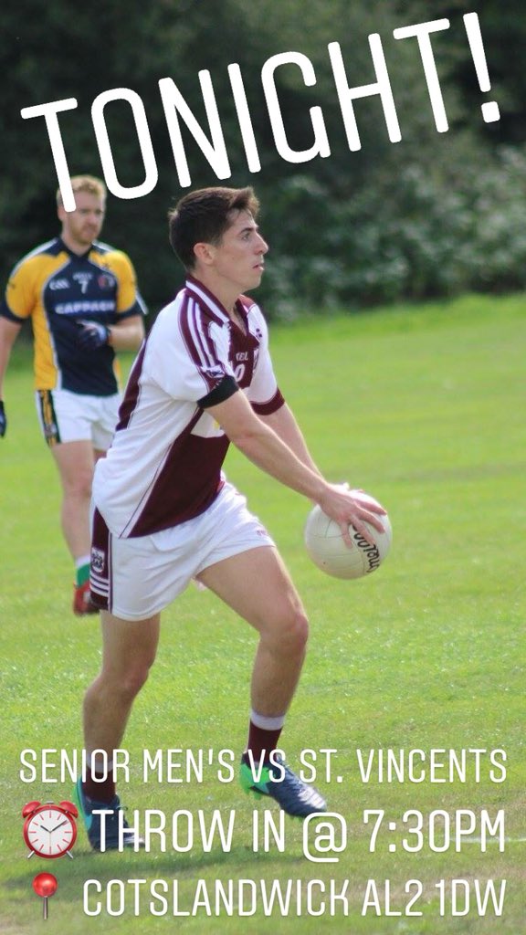 Our senior men are back in action TONIGHT! 👌

<a href="/StColmcillesGAC/">St Colmcilles GAC</a> V <a href="/StVincentsGAA/">St Vincents GAA</a>
⏰ Throw in @ 7:30pm
📆 Wed 18th July
📍 @IrishClubStAlbn AL2 1DW

Be sure to get down to support! 👍 #ColmcillesAbu #BritainGAA #InternationalGAA