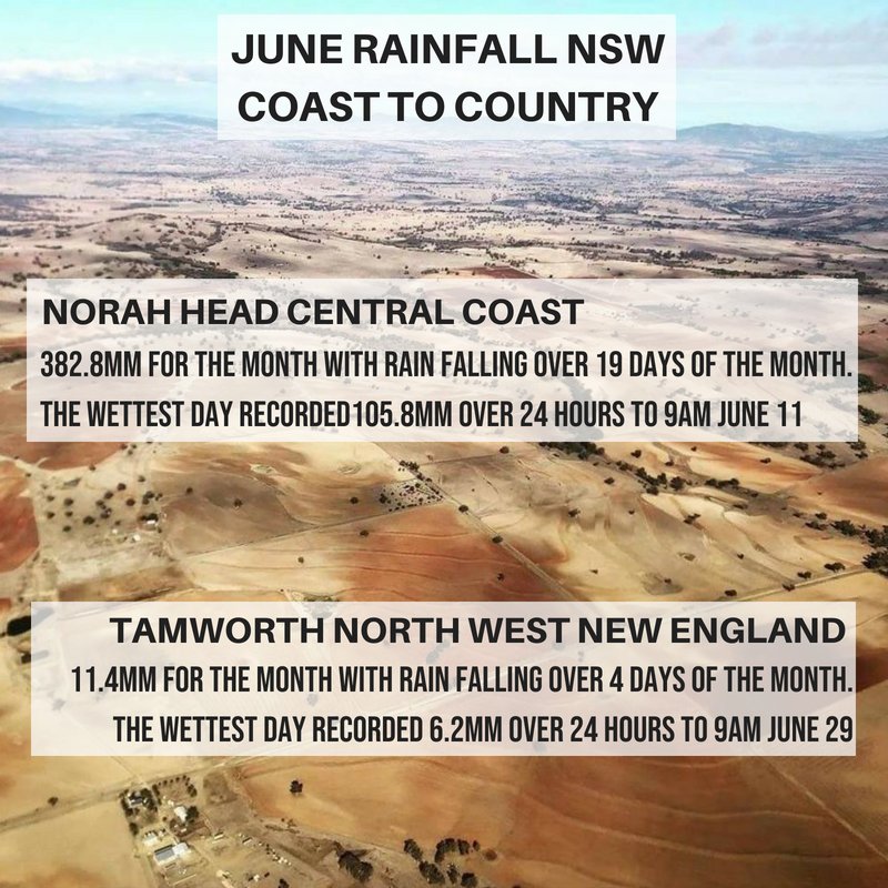 TamworthWests's tweet image. The difference in rainfall between the coastal and inland areas of NSW is staggering. In June Sydney/Central Coast's wettest day recorded 105.8mm, which is more rainfall than Tamworth has seen in the whole of 2018, with YTD rainfall currently standing at 93.4mm #northwestnsw