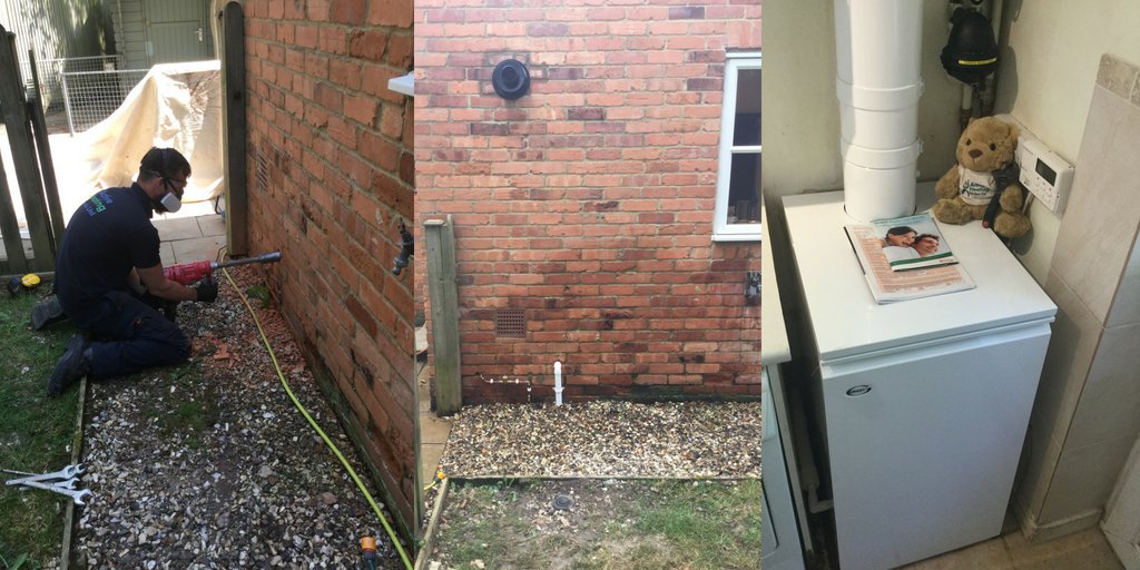 ActiveHeating1's tweet photo. Marc working on the boiler condensate run today. 
Modern condensing boilers need somewhere for the acidic condensate to go. Notice the neat new flue exit? Before and after boiler installation.  @myGrantUK 
#oil #boilers #Newbury https://t.co/wUJUQiSE5T
