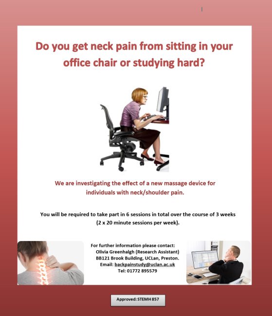 UCLan Research (@uclanresearch) on Twitter photo Volunteers wanted for #research study into the effect of a new massage device for people with neck or shoulder #pain. Can you help? See details below <a href="/UCLanRehabSci/">UCLanRehabSciences</a> <a href="/UCLanHealth/">UCLan Health & Wellbeing</a> Volunteers wanted for #research study into the effect of a new massage device for people with neck or shoulder #pain. Can you help? See details below <a href="/UCLanRehabSci/">UCLanRehabSciences</a> <a href="/UCLanHealth/">UCLan Health & Wellbeing</a>