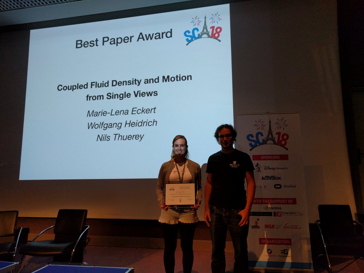 SCA_2018_Paris's tweet image. Congratulation to our SCA&apos;18 Best Paper Award winner: Marie-Lena Eckert, for her work in &quot;Coupled Fluid Density and Motion from Single Views&quot;