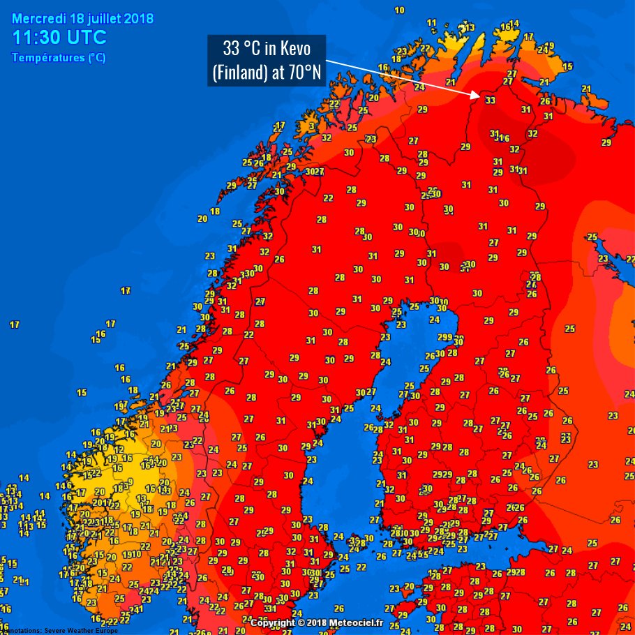 AlfredRPico's tweet photo. En #Barcelona estamos disfrutando de un "buen" verano. No se si piensan lo mismo por encima del círculo Polar Ártico. #OMG 33° en #Kevo al norte de #Finlandia #Laponia 😱 #meteo #verano #calor 
Vía @severeweatherEU https://t.co/KzTEeOafXF