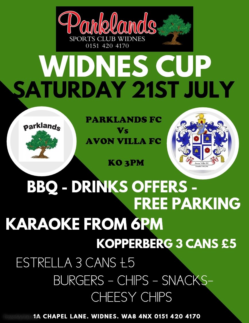 The Widnes Cup starts at Parklands this coming Saturday with <a href="/ParklandWidi/">Parklands FC🌳</a> defending their title by taking on @AvonVillaFC KO 3PM
Bring The Children along and make a day of it with <a href="/DynamicCastles/">Dynamic Castles</a> BBQ
DRINKS OFFERS 
KARAOKE STARTS AT 6PM IN THE BAR &amp; LOUNGE AREA