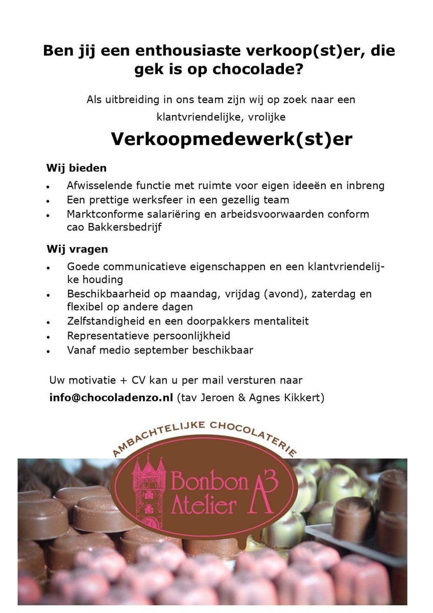 In verband met uitbreiding van ons #team zijn wij op zoek naar een leuke, gezellige en enthousiaste #collega. #leukebaan #collegagezocht #baan #leukejob

Kom jij ons team versterken?