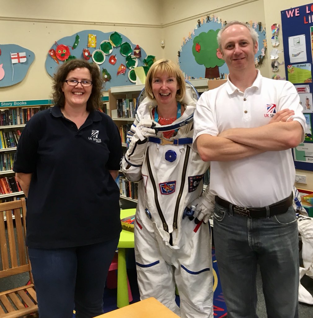 To infinity and beyond - or as far as #Lindley Library! Spaceman Chris and astronaut Tiff are enjoying the visit from <a href="/spacegovuk/">UK Space Agency</a> this afternoon. Hoping we can welcome them back for our #familylearning events soon!
