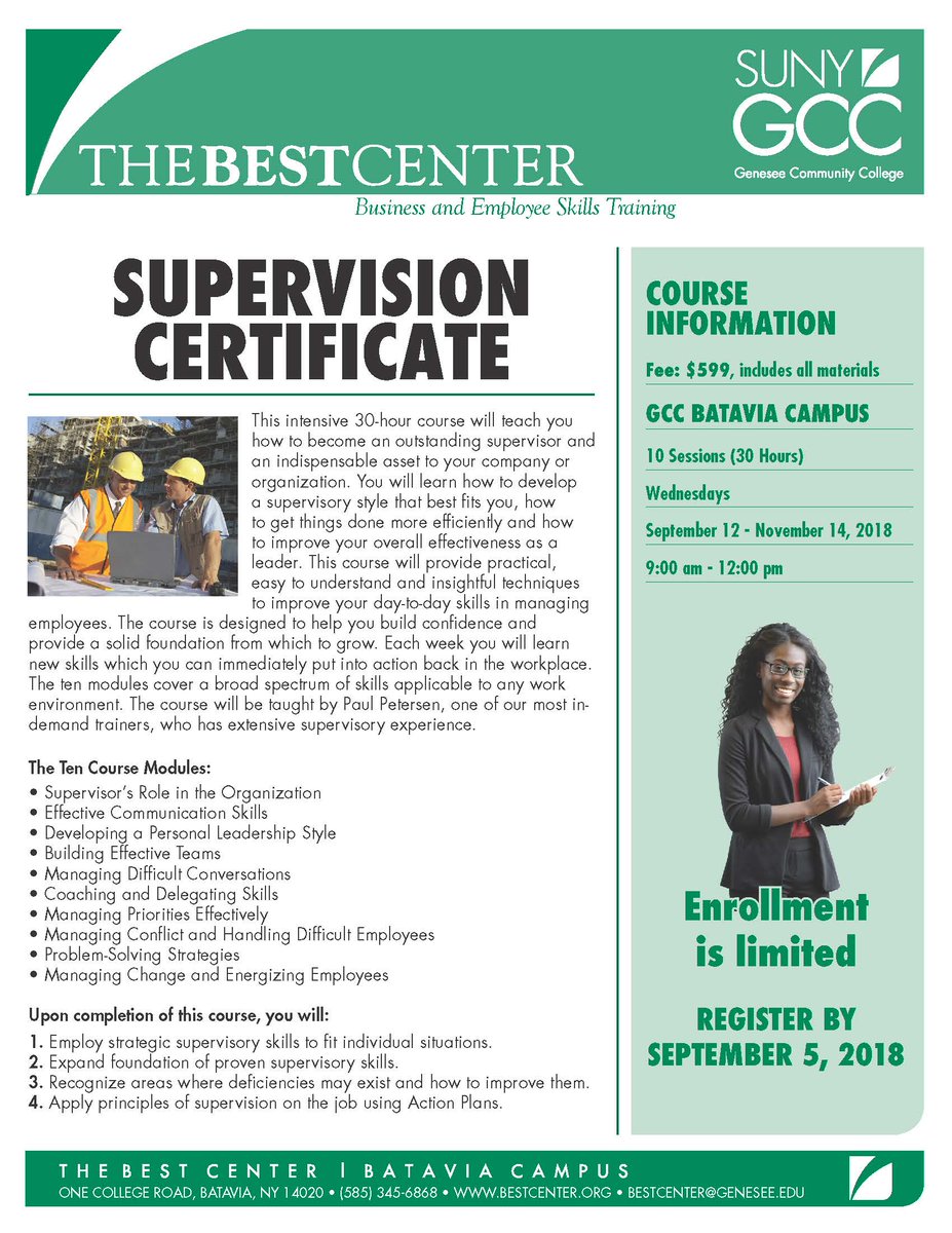 GCCBESTCenter's tweet photo. We're offering another SUPERVISION CERTIFICATE program this fall! Learn and develop a supervisory style that best fits you, how to get things done more efficiently and how to improve your overall effectiveness as a leader. $599 for 10 weeks (3 hrs/week) 9/12-11/14. Call today! https://t.co/nPPTYLyWUc