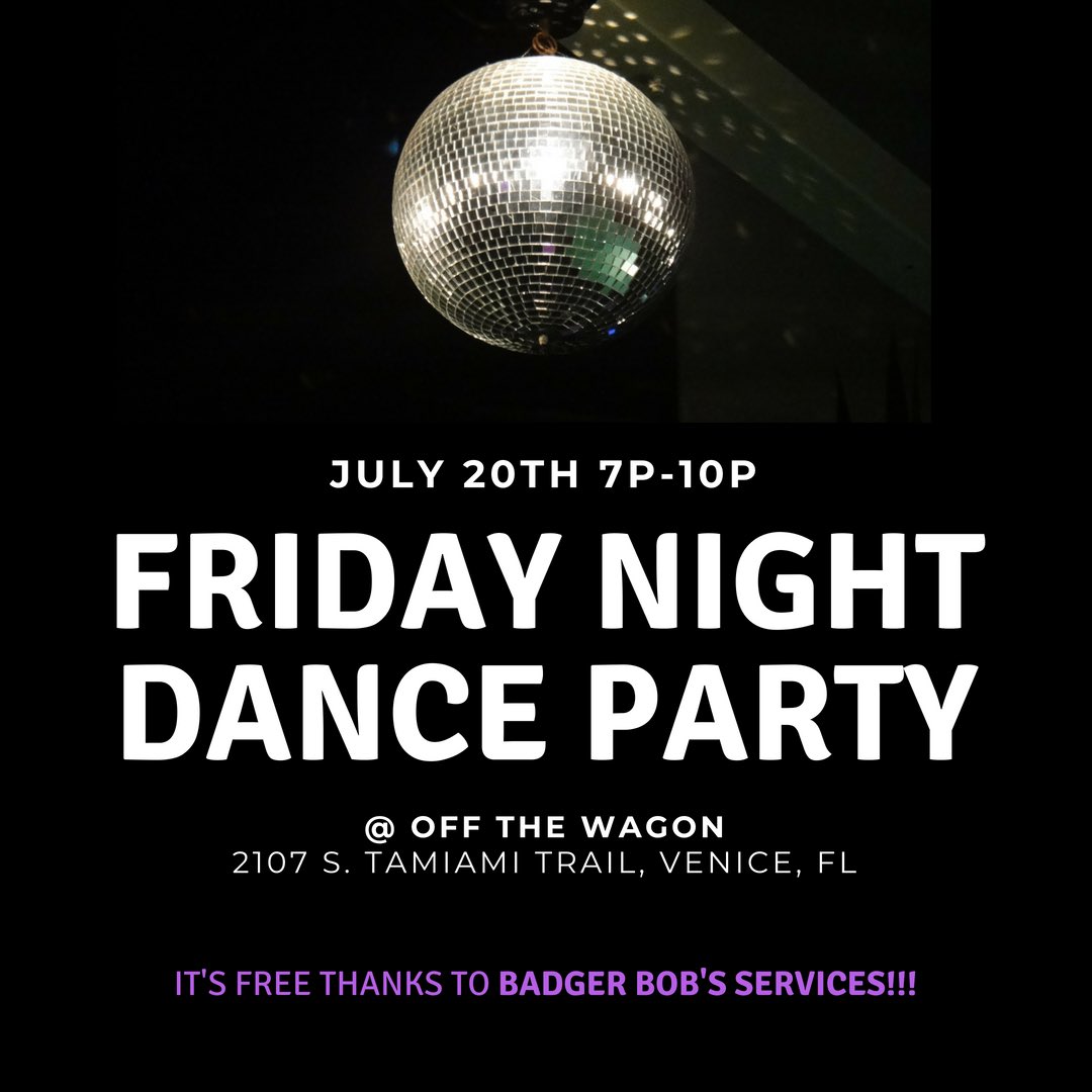 JCShow11's tweet image. Shake your booty at our Friday Night Dance Party Friday!! It’s FREE and it’s at otw_venice on 7/20! Thanks to @Badger1Service there is no cover charge! #FNDP #dance #veniceFL #sarasota