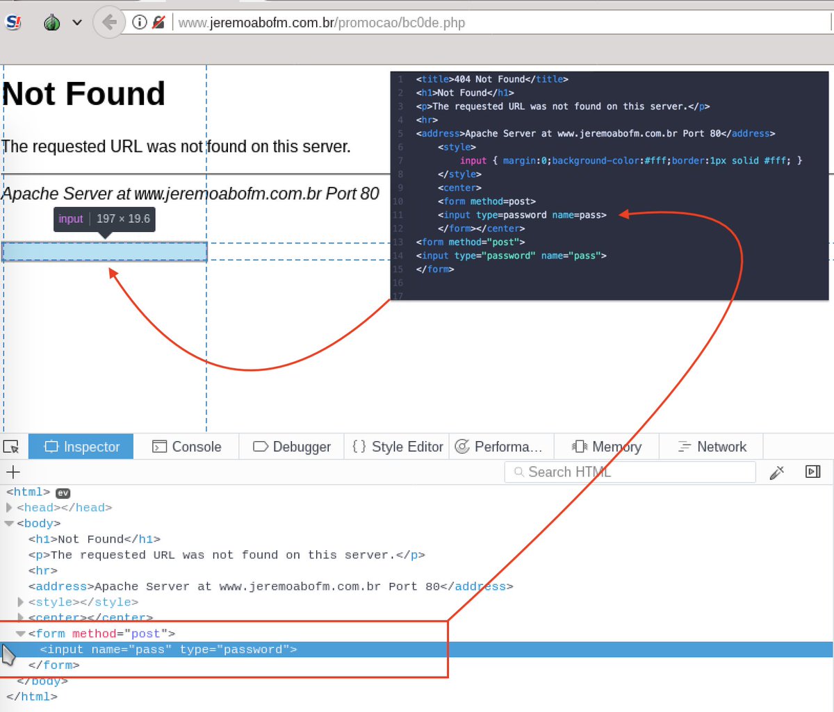 nullcookies's tweet image. Login panel hidden in fake 404 Not Found. Posting again because these are easy to overlook and becoming commonplace. 

Lesson: Hiding in plain sight is sometimes the best camouflage. Consider where you'd hide a login panel. 

URL: hxxp://www.jeremoabofm.com.br/promocao/bc0de.php
