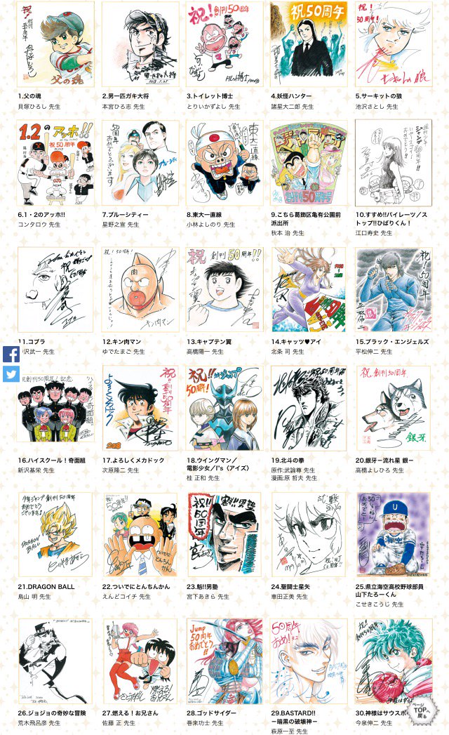 少年ジャンプ編集部 على تويتر ジャンプ歴代漫画家直筆サイン色紙プレゼント 50周年記念の超特別企画 創刊号のレジェンド 貝塚ひろし先生から最新連載の凸ノ高秀先生まで101枚の直筆サインを大放出 2度とはない特別プレゼント 応募できるのは週刊少年 少年ジャンプ編集部 على تويتر ジャンプ歴代漫画家直筆サイン色紙プレゼント 50周年記念の超特別企画 創刊号のレジェンド 貝塚ひろし先生から最新連載の凸ノ高秀先生まで101枚の直筆サインを大放出 2度とはない特別プレゼント 応募できるのは週刊少年