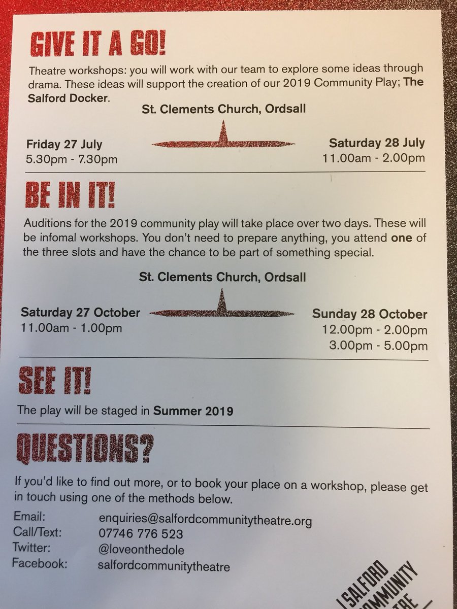 There is still time to get booked on the Theatre workshops coming up for our brand new Community Play 'The Salford Docker' 
Please get in touch if you would like to be booked on at:
enquiries@salfordcommunitytheatre.org