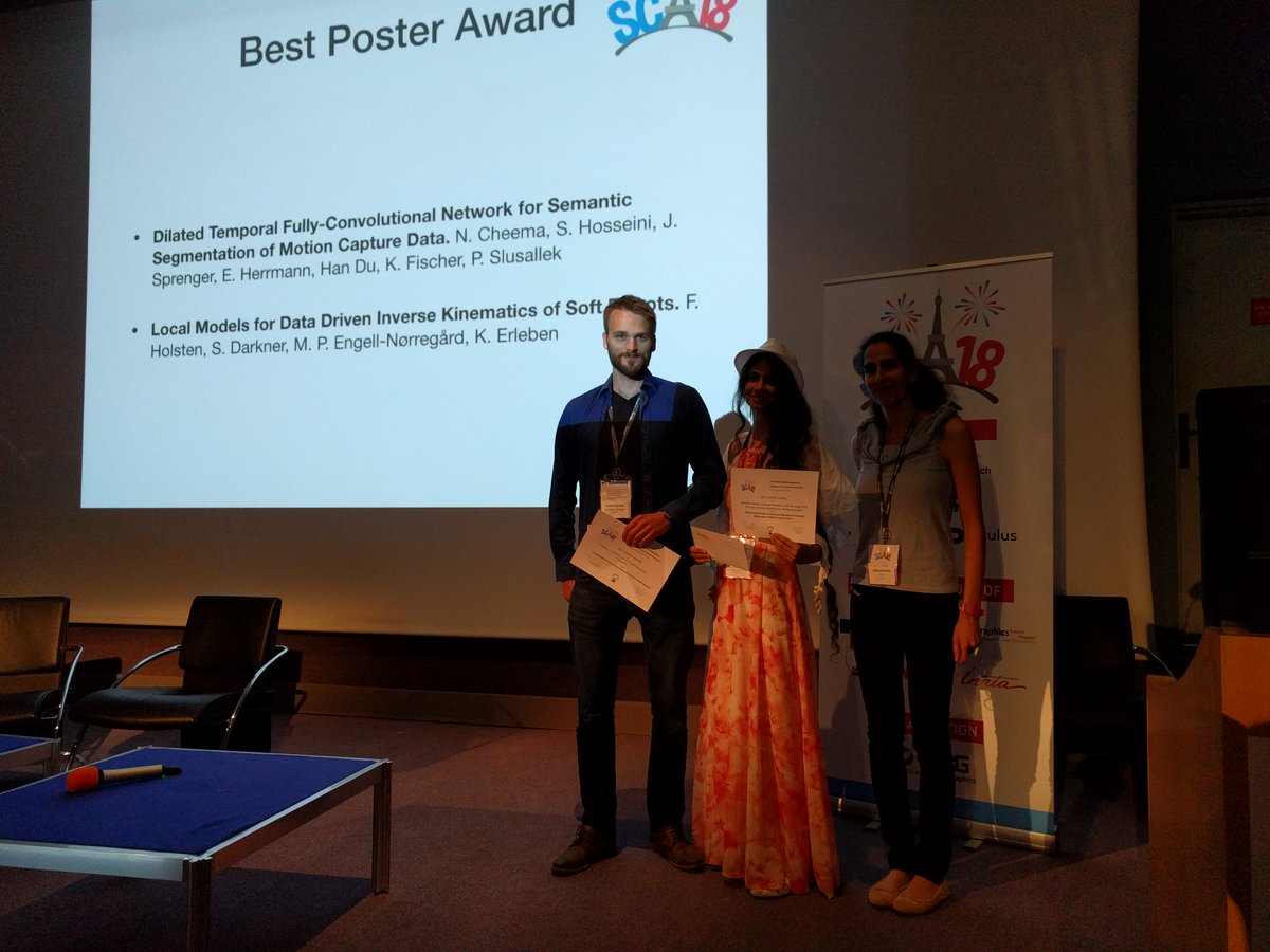 SCA_2018_Paris's tweet image. Congratulation to our two best poster winners
Noshaba Cheema &amp;amp; Somayeh Hosseini, presenting &quot;Dilated Temporal Fully-Convolutional Network for Semantic Segmentation of Motion Capture Data&quot;
Frederik Holsten presenting &quot;Local Models for Data Driven Inverse Kinematics of Soft Robots&quot;