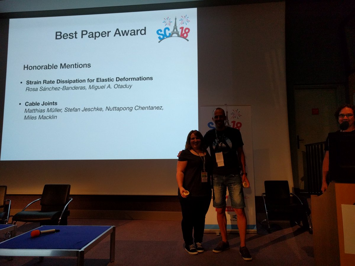 SCA_2018_Paris's tweet image. We were happy to deliver the Honorable Mentions of the best paper award to 
- Rosa Sanchez-Banderas, presenting &quot;Strain Rate Dissipation for Elastic Deformations&quot;
- Matthias Muller, presenting &quot;Cable Joints&quot;