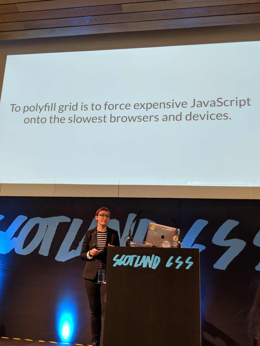 Rachel Andrews at Scotland CSS, talking about the expense of polyfills.