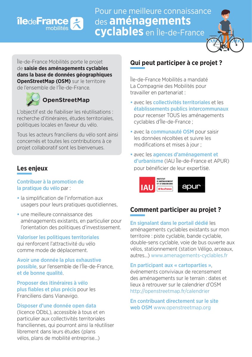 Geovelo a été mandaté par <a href="/IDFmobilites/">IDF Mobilités</a> dans le cadre du projet de saisie des aménagements cyclables en Île-de-France. 
Les enjeux de ce projet sont notamment de recenser tous les aménagements cyclables et de proposer des itinéraires à vélo plus fiable et plus précis.