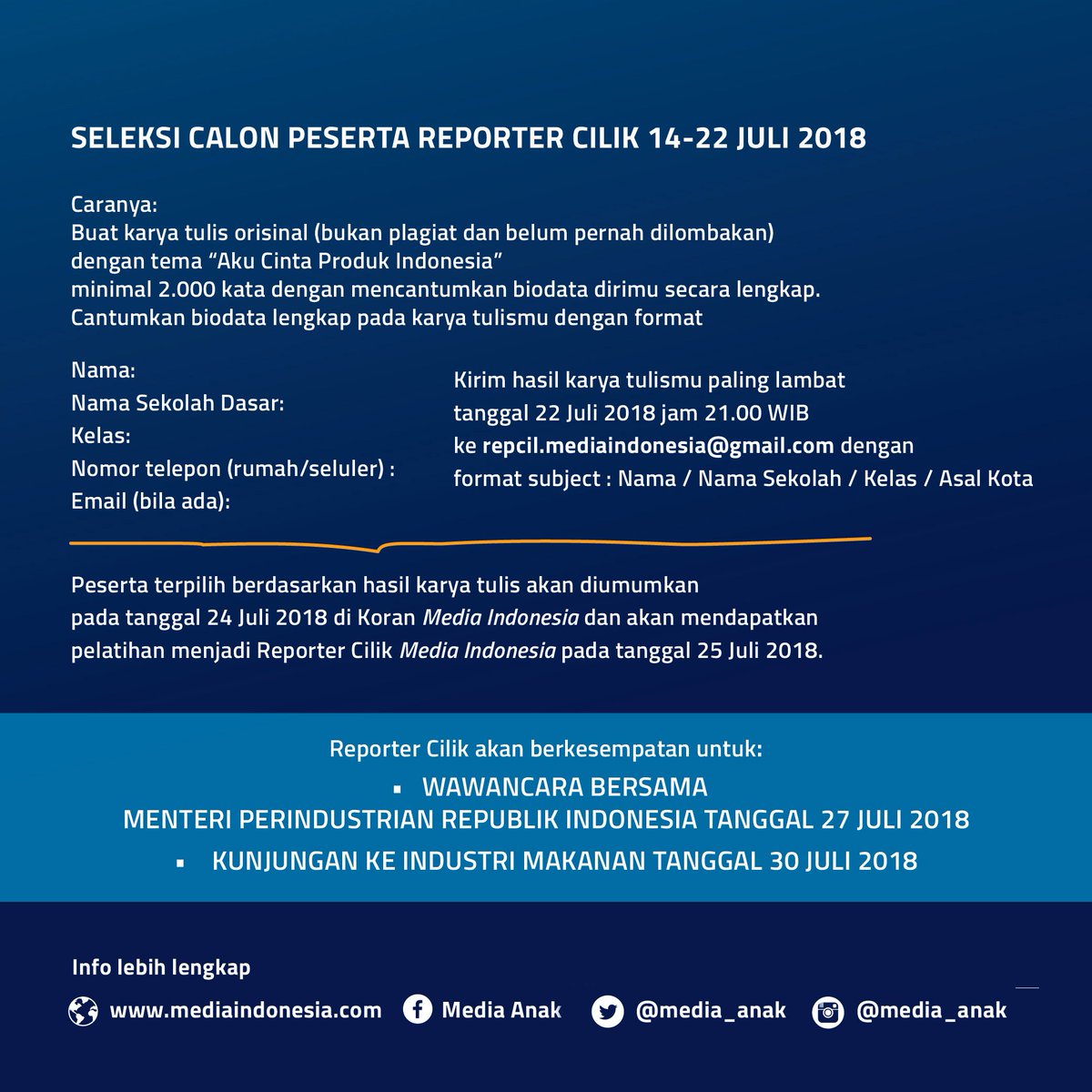 Putra-putri Anda suka menulis? Ingin belajar menjadi reporter cilik? Daftarkan putra-putri Anda menjadi Peserta Reporter Cilik Media Indonesia 2018 "Aku Anak Indonesia, Cinta Produk Indonesia". Baca informasi selengkapnya pada gambar di atas. #RepcilMI2018 #mediaindonesia