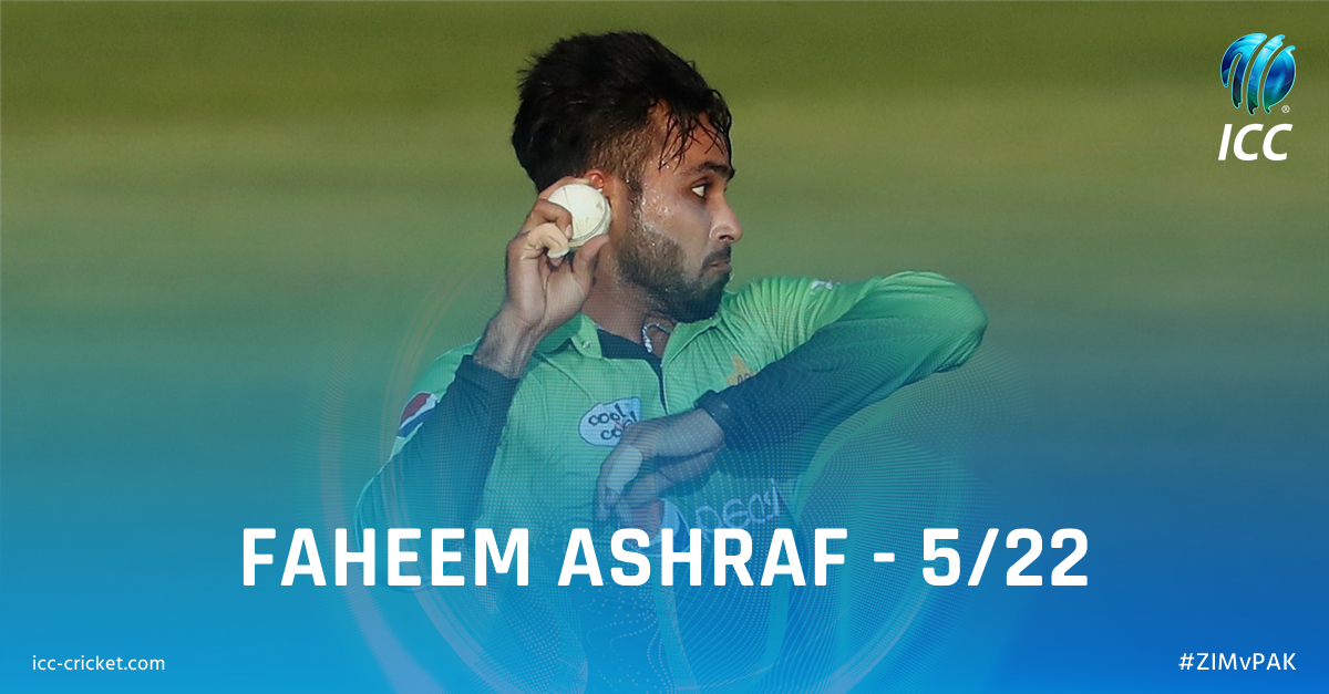ICC's tweet photo. Congratulations to @iFaheemAshraf on his maiden ODI five-for as Zimbabwe are dismissed for just 67 in the 3rd ODI in Bulawayo!

#ZIMvPAK LIVE ➡️ https://t.co/QvbvkDvdhz https://t.co/4SC8B261G3
