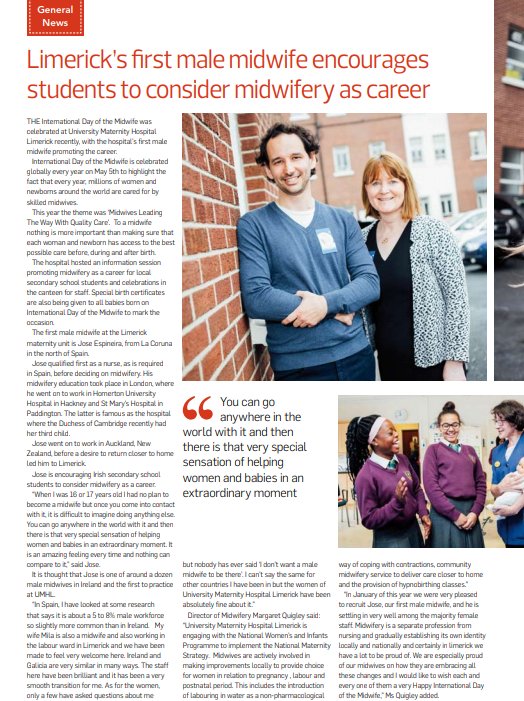 HSEMidWest's tweet photo. "When I was 16 or 17, I had no plan to become a midwife but once you come into contact with it, it's difficult to imagine doing anything else." Limerick's first male midwife encourages students to consider midwifery as a career #UMHL Health Matters pg 58 | https://t.co/uwLndwku9f https://t.co/f44SYhtBvb