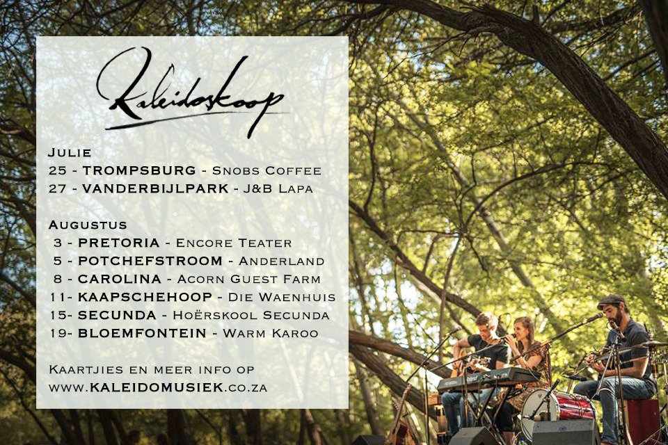 Kom saam op ons #wintertoer ⛇ kaartjies: kaleidomusiek.co.za/optredes

<a href="/StarburstPromo/">Starburst Promotions</a> <a href="/kykNETtv/">kykNET TV</a> @Jukebox_kykNET <a href="/kykNETNou/">kykNET Nou!</a> @KLIPHARD_SABC2 <a href="/SACelebTweets/">𝘚𝘈 𝘊𝘦𝘭𝘦𝘣𝘳𝘪𝘵𝘺 & 𝘓𝘪𝘧𝘦𝘴𝘵𝘺𝘭𝘦</a> <a href="/sa_artists/">SA-ARTISTS</a> <a href="/WhatsOnZA/">What's On SA</a>