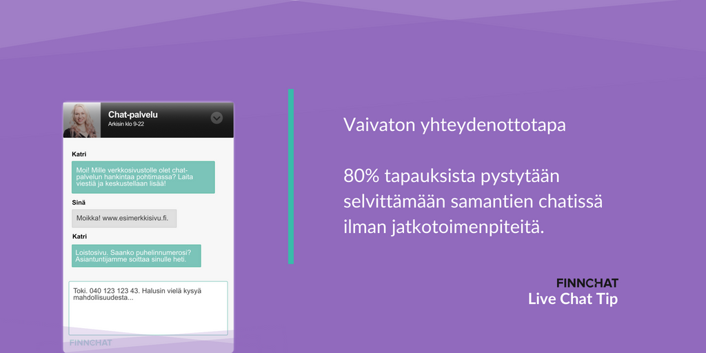 FinnchatFI's tweet photo. Chat-palvelu on asiakkaalle vaivaton yhteydenottokanava, jossa voi helposti kysyä yksinkertaiseltakin kuulostavia kysymyksiä. 💡 #Finnchat #LiveChatTips https://t.co/YRCHrwebB1