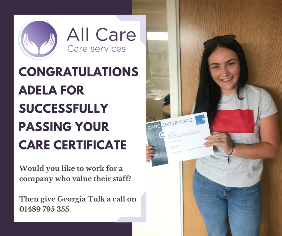 Adela has passed her care certificate - Well done! You were new to the #careindustry but our supportive team and excellent training programme has proved to be a success! You have done so well and you are a pleasure to work with :) #carersinsouthampton #jobsinsouthampton #carework