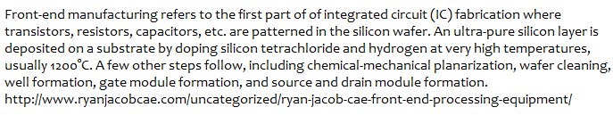 CAERyanJacob's tweet photo. Front-end manufacturing refers to the first part of of integrated circuit (IC) fabrication where transistors, resistors, capacitors, etc. are patterned in the silicon wafer. https://t.co/0Lk02kp689