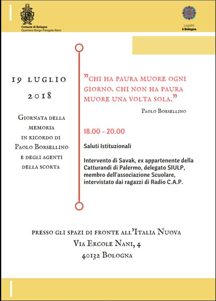 "Chi ha paura muore ogni giorno. Chi non ha paura muore una volta sola" diceva Paolo Borsellino. Domani, dalle ore 18 alle 20 al Quartiere Borgo Panigale-Reno, appuntamento con "In ricordo di Paolo Borsellino e degli agenti della scorta". urly.it/3d1n