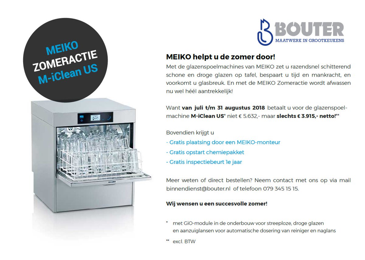 BouterNL's tweet image. Profiteer t/m 31 augustus van de zomeractie van MEIKO: de M-iClean US glazenspoelmachine voor slechts € 3.915,- met vele extra’s! Met een glazenspoelmachine bespaar je tijd, voorkom je glasbreuk én het is hygiënischer! Interesse? Bel 0793451515 of mail binnendienst@bouter.nl