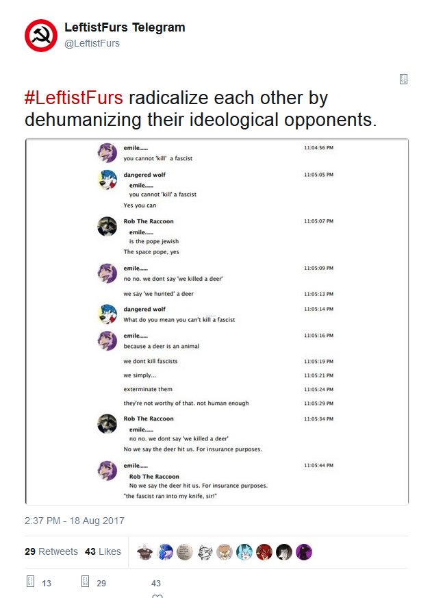 5/9This is similar to what a non far left furry had to do regarding the extremist 'LeftistFurs' Telegram chat.They got in, found logs of them wanting attacks, dehumanising opponents, working together to create propaganda targeting furries, encouraging hate and violence.