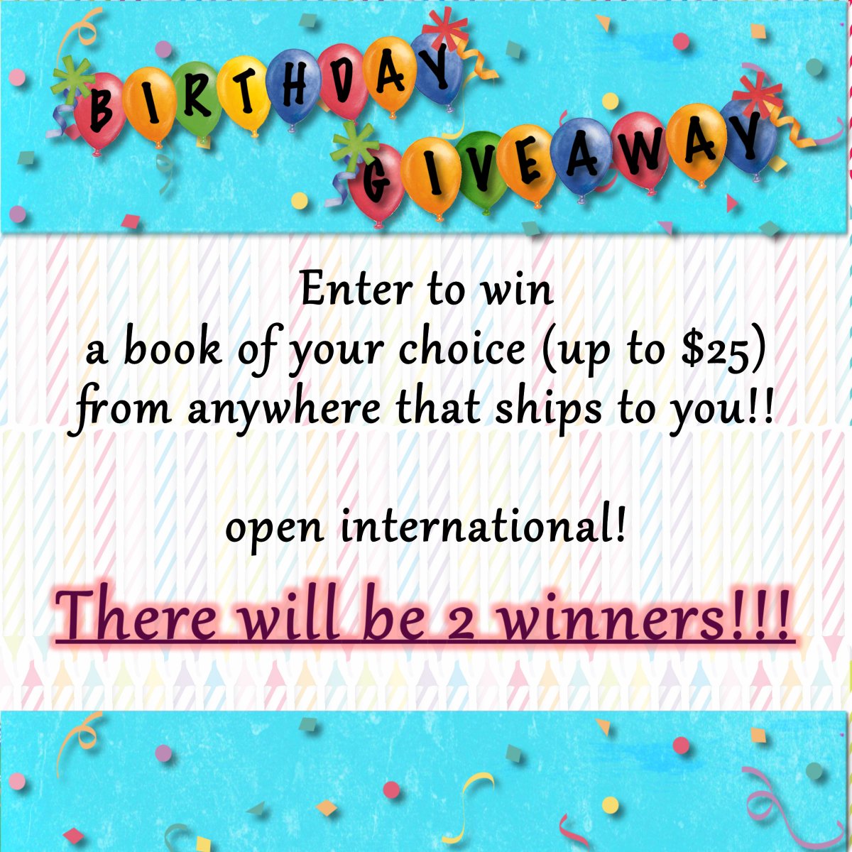 TheresaJSnyder's tweet photo. My birthday is almost here and the best way to celebrate is with a giveaway!!!
🎉🎈🎁🎂

I am giving 2 winners a book of their choice (up to $25)🎉🎉🎉

RT/Follow by July 27

yes, this is international!🌎🌍🌏
*no giveaway accounts* https://t.co/oi5P6sMUdi