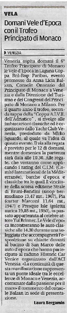 CarVenice's tweet photo. Rassegna Stampa
Ringraziamo il collega Sandro Bagno, ufficio stampa del "Trofeo Principato di Monaco" di vele d'epoca, che ci ha inserito nei comunicati stampa promuovendo anche il nostro evento. È stata un'esperienza unica l'incontro tra auto e vele d'epoca in Bacino San Marco. https://t.co/DIDuN3QksG
