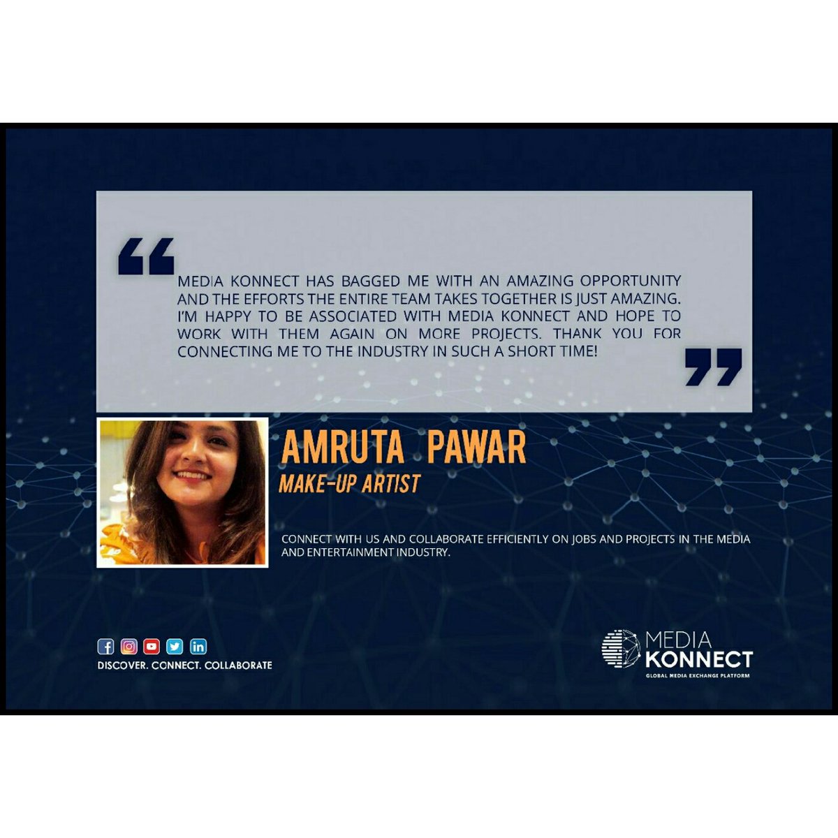 Media_Konnect's tweet photo. Finding the right #talent for the right #opportunities is what we believe. Thank you Amruta Pawar for sharing your #experience with us. 
Stay tuned with Media Konnect for more such opportunities.

#MKtestimonial #WednesdayWisdom  #testimonials #WednesdayVibes #Media #makeupartist https://t.co/IiKOAyRm05