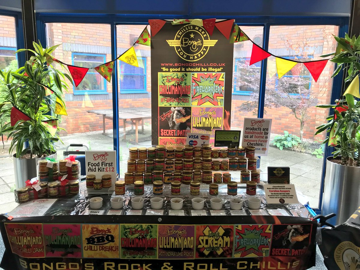 BongosRockNRoll's tweet photo. All set up and ready to ROCK the tastebuds @Barclays #Gadbrook #cheshire today till 3pm #SummerExtravaganza #chillis homemade by us! #flavournottestosterone #buybongos https://t.co/oNJnubG52r