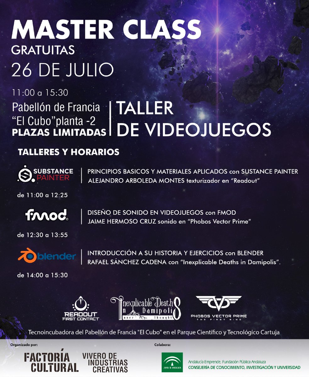 aemprende's tweet photo. 🗣️¡#Notelopuedesperder! El próximo 26/07 se van a impartir en #ElCubo #Sevilla, tres #MasterClass GRATUITAS sobre diseño de #videojuegos:
🖌 Texturizado 
⚒ Modelado
🔊 Sound Design
¿Te interesan? ¡Inscríbete en este enlace https://t.co/XfVOSm9erA!
¡Plazas limitadas‼️ https://t.co/lHpcaHPBfW