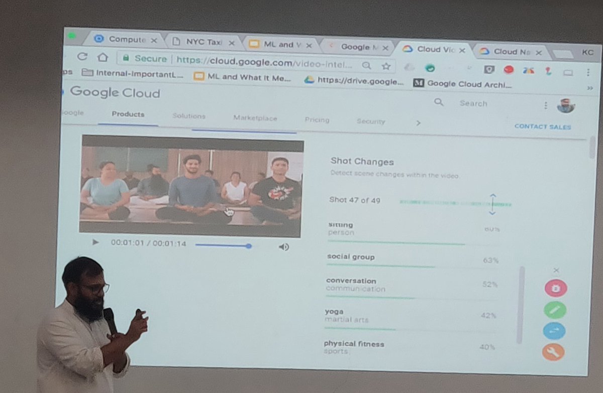 Jikkuvarghese's tweet photo. #Wow Google Cloud video Intelligence algorithm identifying @dulQuer 's Yoga position in 'Kali' movie trailer. Brilliant session by @kc_ayyagari at Google ML workshop at @bhubglobal #TVMGoogleML @googlecloud https://t.co/VO4SCYMsjR