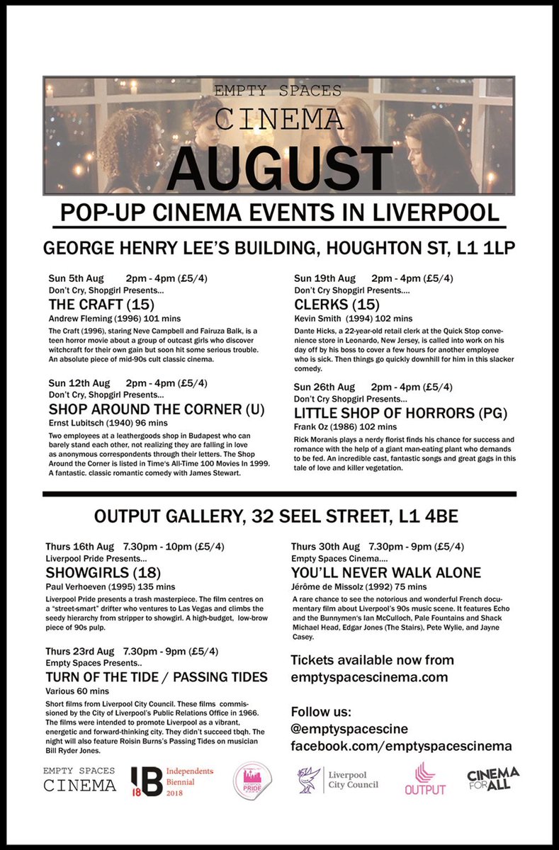 EmptySpacesCine's tweet photo. You need some joy, so here we are with our August film programme for @IndyBiennial &amp; @outputgallery. Your Thursdays &amp; Sundays are sorted. £5/4. Book tickets, see the programme here https://t.co/cPhpxNf21c https://t.co/TaszFLgP15