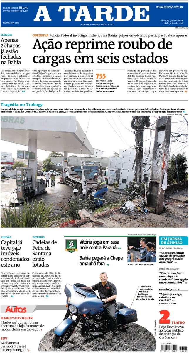 atarde's tweet photo. #CapaDoDia Bom dia! Tudo bem? Esperamos que sim! Confira os destaques do seu #JornalATARDE desta quarta, 18. Acesse também o #PortalATARDE | https://t.co/uyf5R3KrAj | #OperaçãoTransbordo #PF #RouboDeCarga #Bahia #Tragédia #Trobogy #ImóveisCondenados #HarleyDavidson #JeepRenegade https://t.co/uQxhNyVgDz