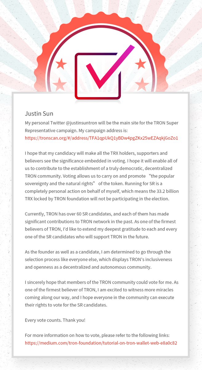 I am excited to run for #TRON Super Representative alongside excellent  candidates, in the hands of our community. Voting is a crucial part of the  #TRON ecosystem and embodies our mission of