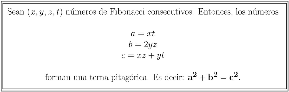gaussianos's tweet photo. Toma 4 números de Fibonacci consecutivos y haz esto: multiplica los de los extremos; multiplica los del centro y el resultado por 2; y luego multiplica los de las posiciones impares y, aparte, los de las pares, y suma. ¡Voilá! Tienes una terna pitagórica https://t.co/QVaibeYiG3