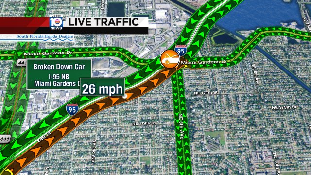 Broken down car blocking right lane causing delays on I-95 NB at Miami Gardens Dr #traffic https://t.co/yA8ydLK5s3