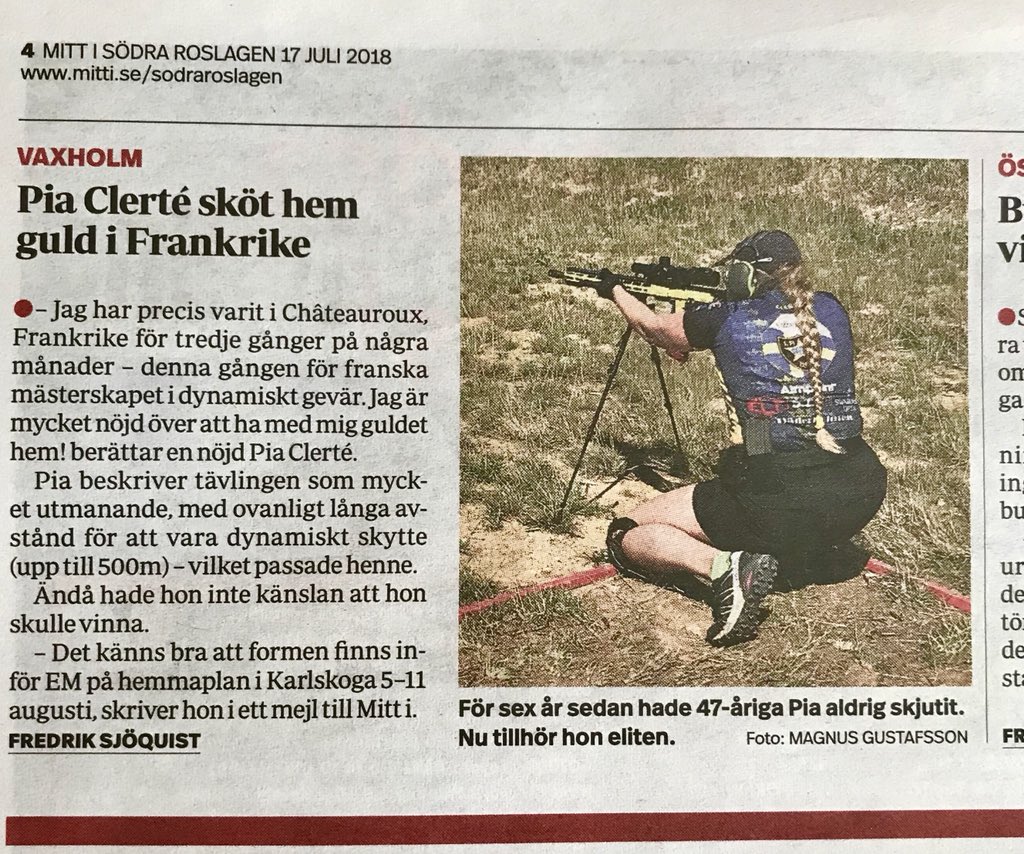 PiaClerte's tweet photo. My gold from French Championship #IPSC #Rifle in the paper edition of @mittistockholm 💪🏻😁👍🏻
#frenchchampionship
#womenwhoshoot #erc2018 #pewpew #pewpewlife #ar15 #gungirl #lovemysport #swarovskioptik #aimpoint #511tactical #elftmanntactical #elftrigger #tjäderholmen https://t.co/nNsXCtRZKi